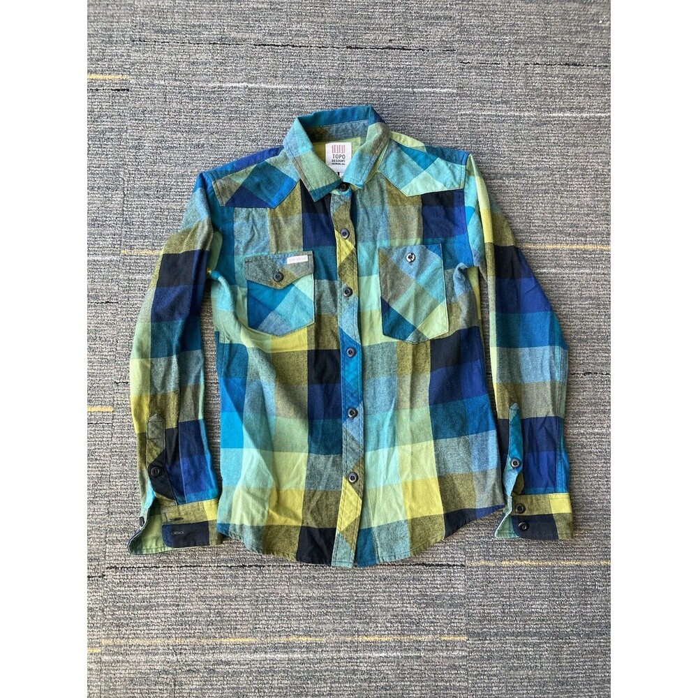 Topo Designs Shirt XS Green Striped Flannel Button Up Workwear Colorado